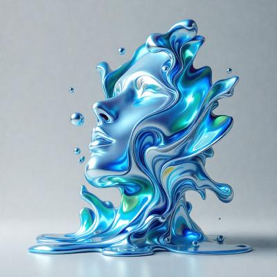 The primary subject of the image is a blue and white sculpture of a woman's head. The setting is a white background, and the visual style is digital art. The colors and mood of the image are predominantly blue and white, creating a serene and calming atmosphere.